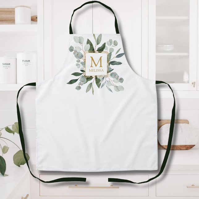 Monogram Watercolor Tropical Green Leaves Apron (In situ)