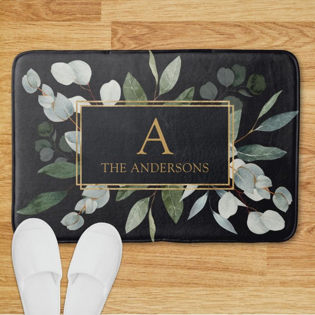 Monogram Watercolor Tropical Green Leaves Bath Mat (In situ)