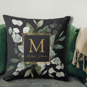 Monogram Watercolor Tropical Green Leaves Black Cushion