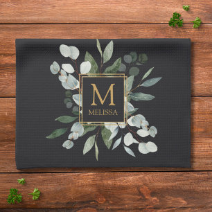 Monogram Watercolor Tropical Green Leaves Black Tea Towel