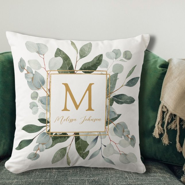Monogram Watercolor Tropical Green Leaves Cushion (In situ)