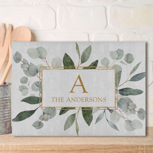 Monogram Watercolor Tropical Green Leaves Cutting Board (In situ)