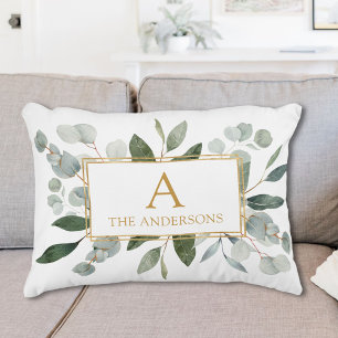 Monogram Watercolor Tropical Green Leaves Decorative Cushion