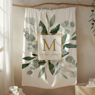 Monogram Watercolor Tropical Green Leaves Fleece Blanket