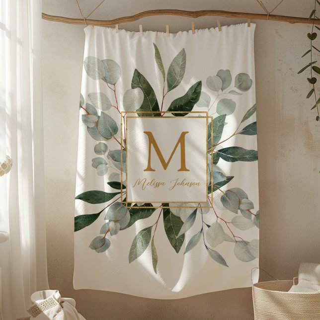 Monogram Watercolor Tropical Green Leaves Fleece Blanket (In situ)