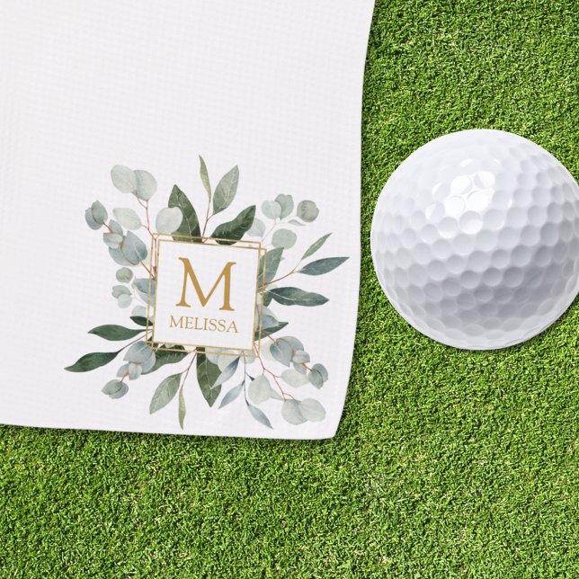 Monogram Watercolor Tropical Green Leaves Golf Towel (Creator Uploaded)