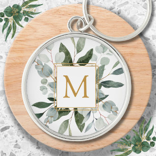 Monogram Watercolor Tropical Green Leaves Key Ring