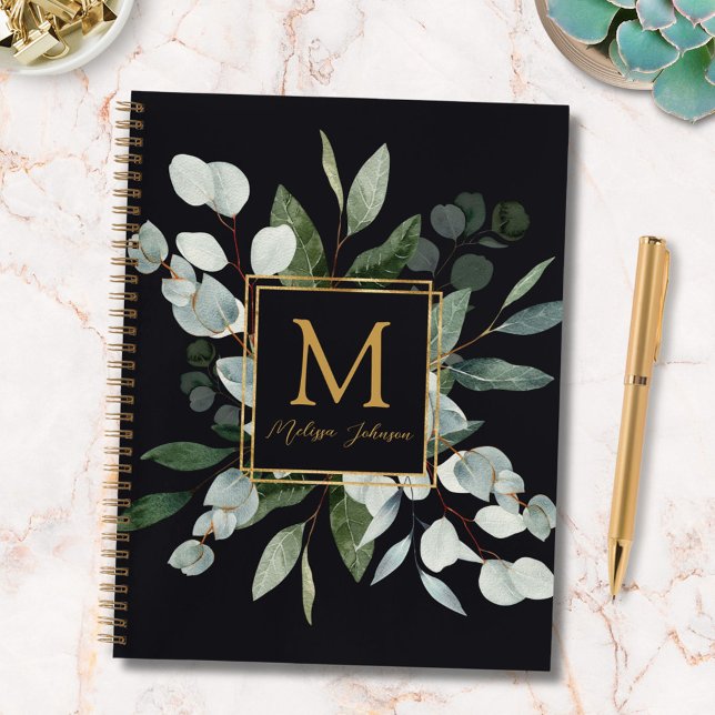 Monogram Watercolor Tropical Green Leaves Notebook (In situ)