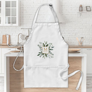 Monogram Watercolor Tropical Green Leaves Standard Apron