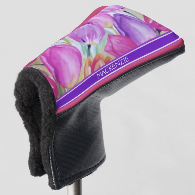 Monogram Watercolor Tulips Golf Head Cover (3/4 Front)