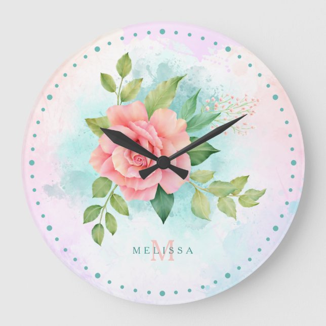 Monogram Watercolor Turquoise Ombre Pink Rose Large Clock (Front)