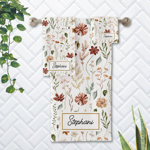 Monogram Watercolor Vintage Wildflower Floral Bath Towel Set