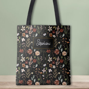 Monogram Watercolor Vintage Wildflower Floral Tote Bag
