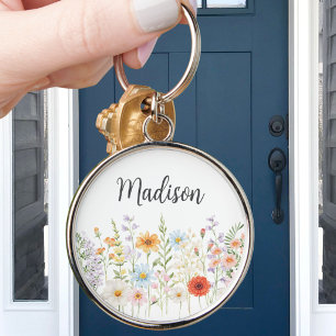 Monogram Watercolor Wild Flowers Floral Botanical Key Ring
