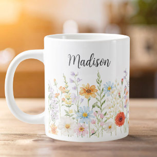 Monogram Watercolor Wild Flowers Floral Botanical Large Coffee Mug