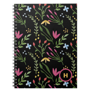 Monogram Watercolor Wildflower Black Botanical Notebook
