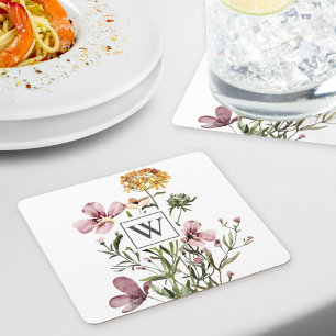 Monogram Watercolor Wildflower Bouquet #1 Square Paper Coaster