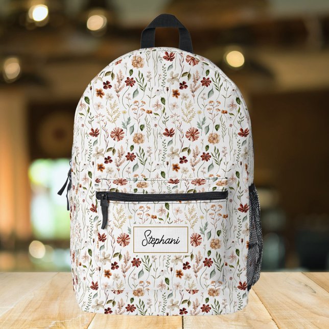Monogram Watercolor Wildflower Floral Botanical Printed Backpack (Close up)