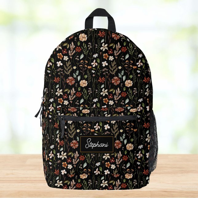 Monogram Watercolor Wildflower Floral Botanical Printed Backpack (Close up)