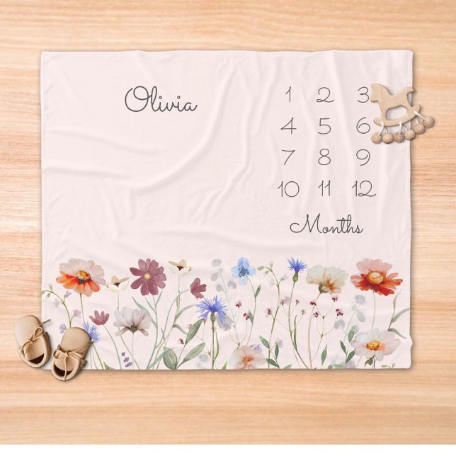 Monogram Watercolor Wildflower Milestone Baby Fleece Blanket (Close up)