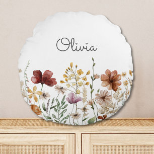 Monogram Watercolor Wildflower Pretty Floral  Round Cushion