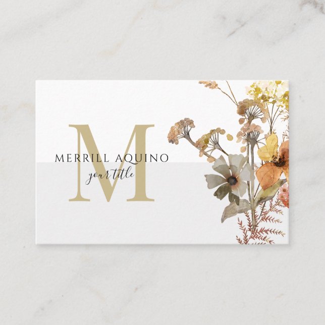 Monogram Watercolor Wildflowers Business Card (Front)