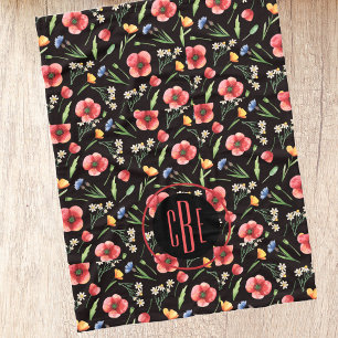 Monogram Watercolor Wildflowers Poppies Pattern Fleece Blanket