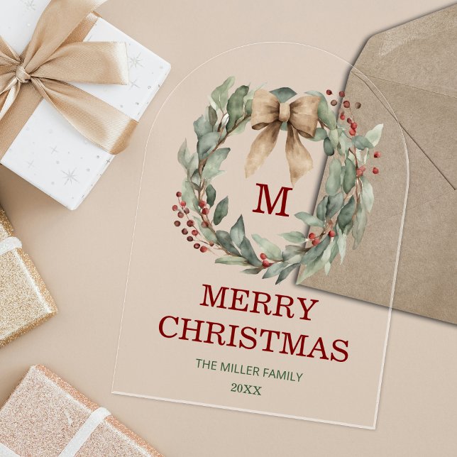 Monogram Watercolor Wreath Merry Christmas Card Acrylic Invitations (Acrylic Watercolor Eucalyptus Wreath Christmas Card)