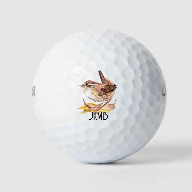 Monogram Watercolor Wren Bird Nature, Wildlife Golf Balls (Front)