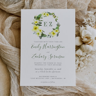 Monogram Watercolor Yellow Floral Wreath Wedding Invitation