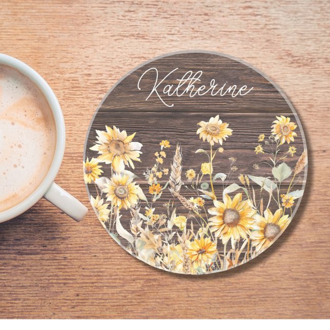Monogram Watercolor Yellow Sunflower Field Wood Coaster (in situ)