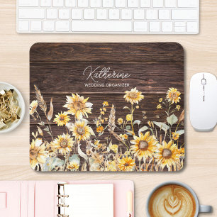 Monogram Watercolor Yellow Sunflower Field Wood Mouse Pad