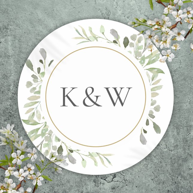 Monogram Watercolour Greenery Wedding Favour Classic Round Sticker (Monogram Watercolor Greenery Wedding Favor Classic Round Sticker)