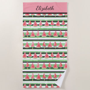 Monogram Watermelon Pink Green White Black Beach Towel