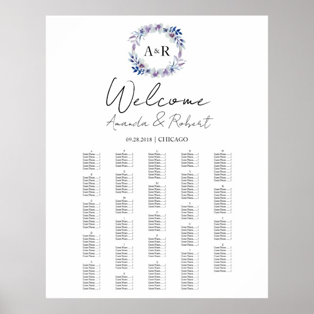 Monogram Wedding Alphabetical Seating Chart Board (Front)
