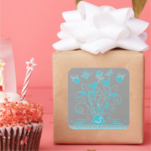 Monogram Wedding Birds Hearts Swirls Aqua Blue Square Sticker
