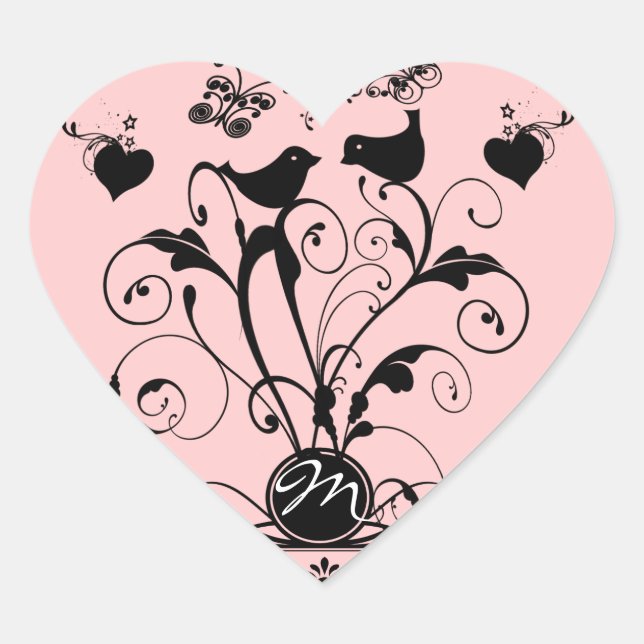 Monogram Wedding Birds Hearts Swirls Heart Sticker (Front)