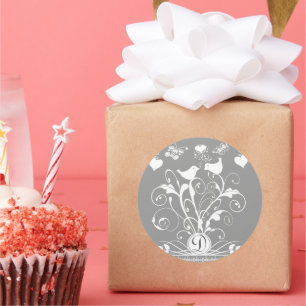Monogram Wedding Birds Hearts Swirls White on Grey Classic Round Sticker