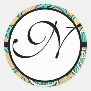 Monogram Wedding Blue Borders Classic Round Sticker