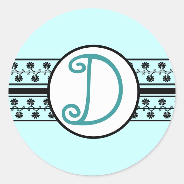 Monogram Wedding Borders Aqua Blue Classic Round Sticker (Front)