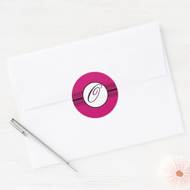 Monogram Wedding Borders Deep Rasberry Classic Round Sticker (Envelope)