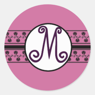 Monogram Wedding Borders Plum Classic Round Sticker