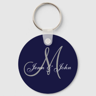 Monogram Wedding Bride Groom Names Navy Keychain