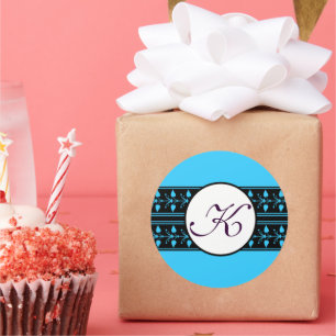 Monogram Wedding Bright Blue Borders Classic Round Sticker