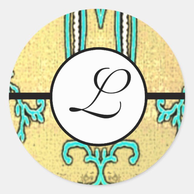 Monogram Wedding Brite Aqua Blue Borders Classic Round Sticker (Front)