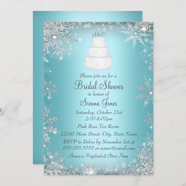 Monogram Wedding Cake Blue Bridal Shower Invite (Front/Back)