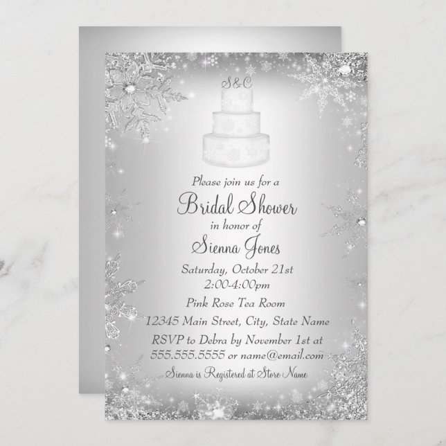 Monogram Wedding Cake Silver Bridal Shower Invite (Front/Back)
