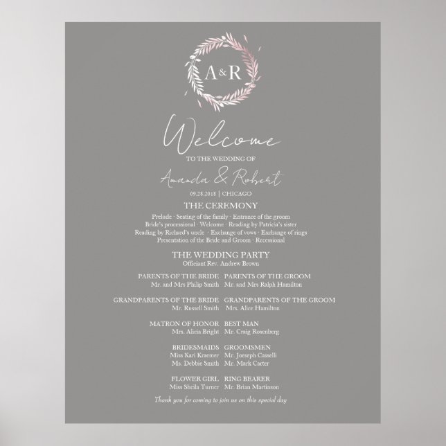 Monogram Wedding Ceremony Program Sign Foam Board (Front)