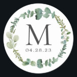 Monogram Wedding Date Eucalyptus Leaves Wreath Classic Round Sticker<br><div class="desc">Monogram Wedding Date Eucalyptus Leaves Wreath Sticker. 
(1) For further customisation,  please click the "customise further" link and use our design tool to modify this template. 
(2) If you need help or matching items,  please contact me.</div>
