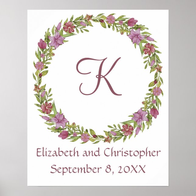 Monogram Wedding Date Names Pink Purple Floral Poster (Front)